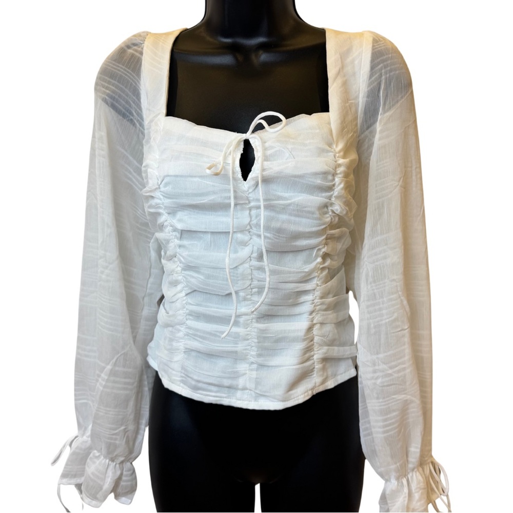 NWOT Francesca’s white sheer, long-sleeved, ruched blouse - size XL